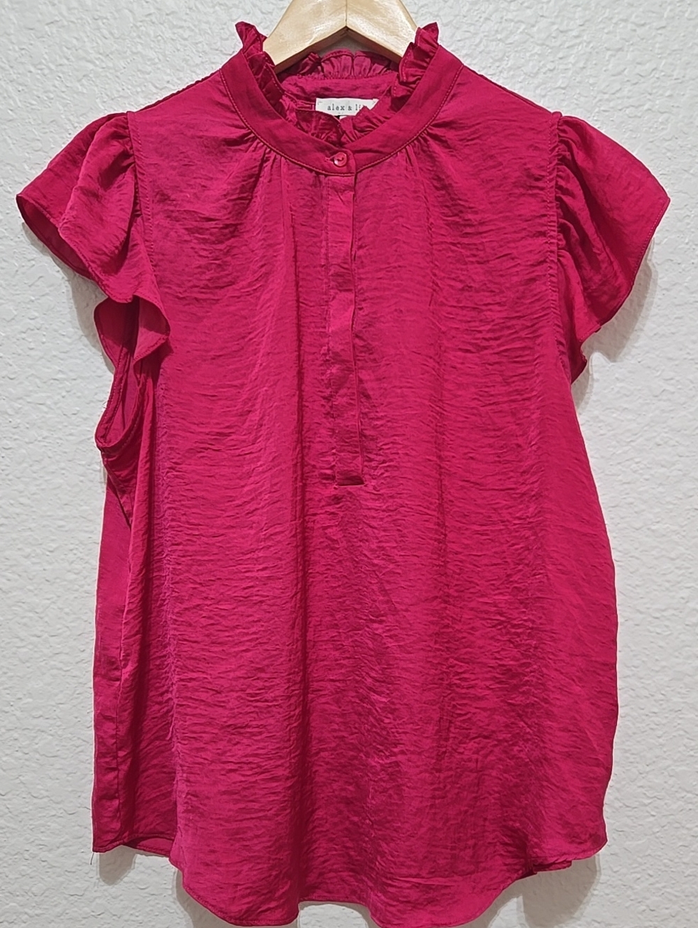 Alex and Lili Hot Pink Ruffle Collar Short Sleeve Coquette Feminine  Blouse